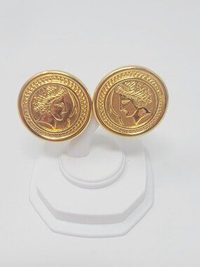 Vintage Monet Gold Tone Roman Coin Clip Earrings Greco Profile Medallion